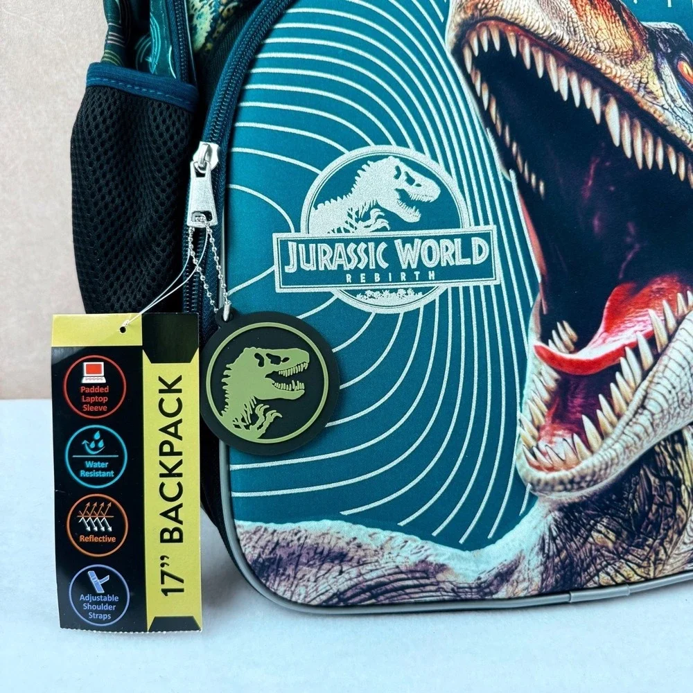 Jurassic World Kids Dinosaur Backpack 17'' Strap Reflective Water Resistant NWT